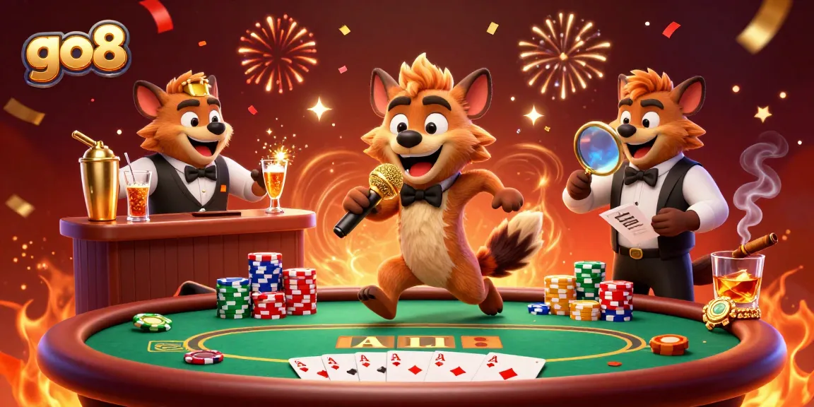 Hyenas entertain in a vibrant go8 casino club with poker elements and festive details.