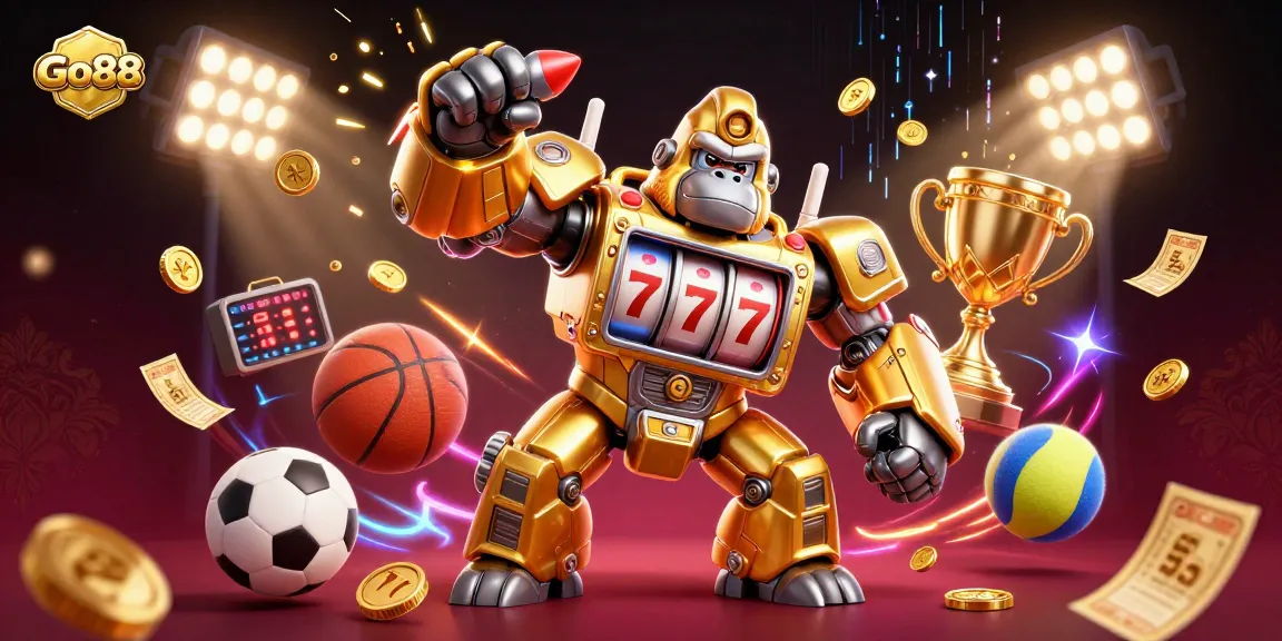 Experience thrilling gameplay at Go88 featuring a dynamic golden mech and sports elements bursting with excitement.