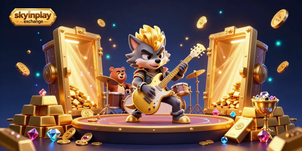 Experience thrilling gameplay with a 3D rock star wolf and golden treasures at skyinplay exchange.