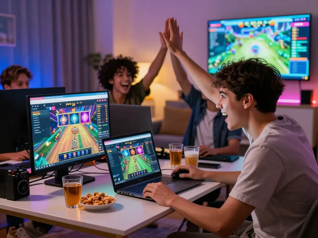 Friends enjoying a gaming night on taka.shoes/collections/frontpage with live slot visuals and snacks, creating a dynamic atmosphere.