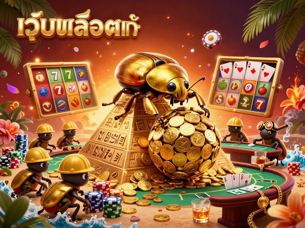 Experience the thrill of เว็บสล็อตแท้ with a 3D illustration of golden beetles among casino elements and vibrant symbols.