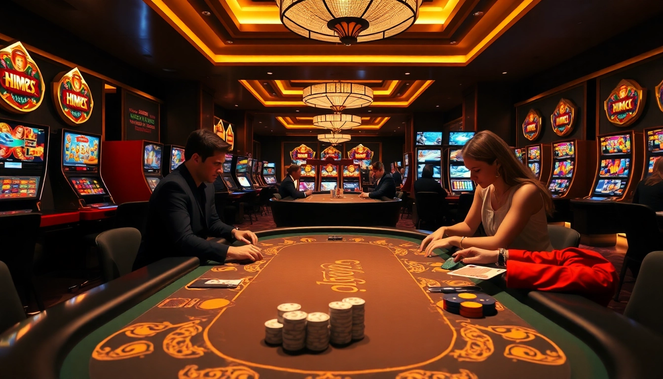 Experience high-stakes gaming at HM88 casino with vibrant poker tables and modern slot machines.