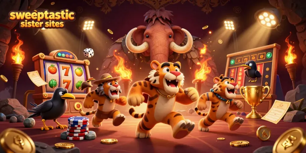 Activate bonus plays with strategic wins at sweeptastic sister sites, showcasing vibrant casino elements.