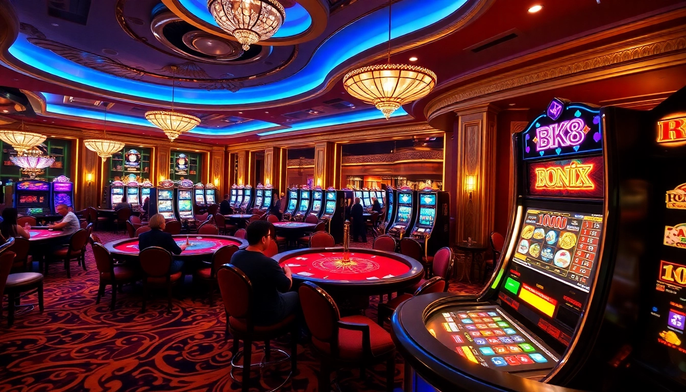Engaging players in action at bk8 สล็อต with vibrant casino elements and lively atmosphere.