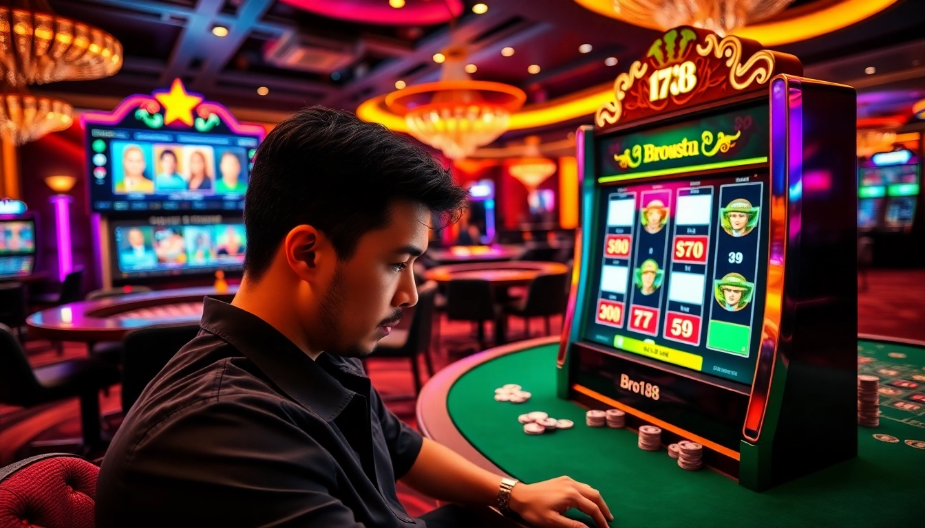 Engaging in a thrilling game at Bro138's premium slot machine in a luxurious casino setting.