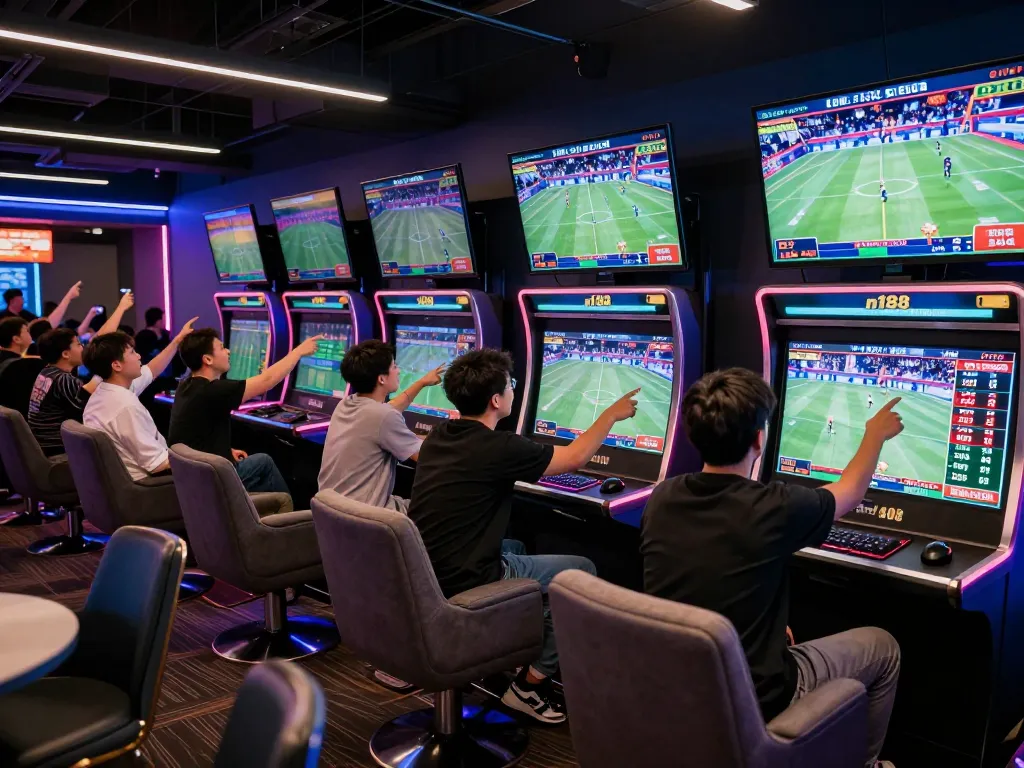 A dynamic scene of enthusiastic bettors strategizing sports bets at n188 com in a vibrant lounge.