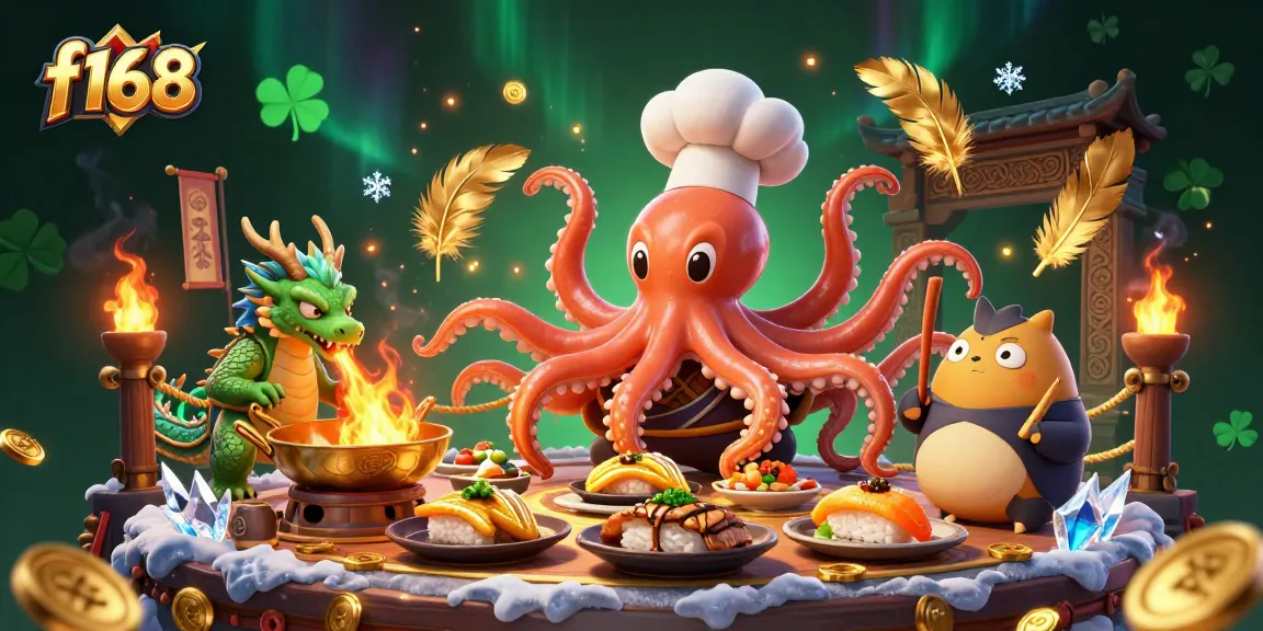 Experience thrilling gameplay at f168 with a cartoon sushi chef octopus and fiery dragon in a dynamic casino scene.