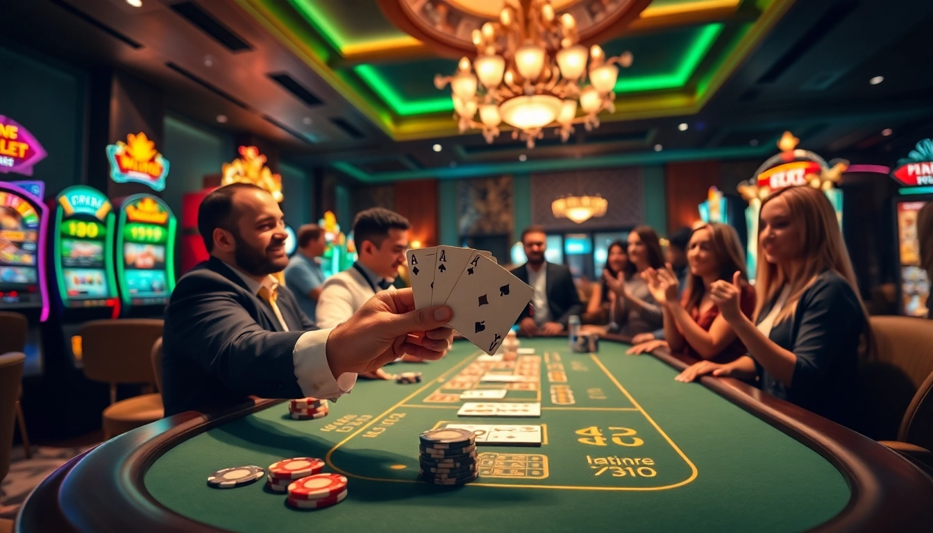 vt88 players cheering at a luxurious casino table for a winning poker hand