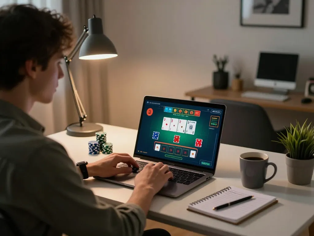 Experience ดูหนัง in a strategic online gambling setting with focused player on a laptop, showcasing blackjack game nuances.