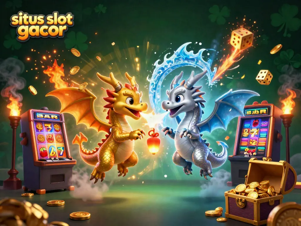 Gambarkan situs slot gacor dengan kombinasi naga, mesin slot, dan lambang keberuntungan.