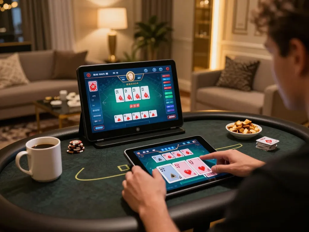 Tg88 player enjoying online poker game on tablet, cozy modern living room setting