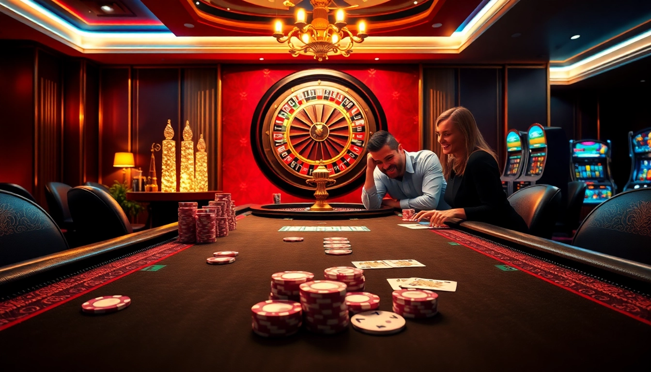 Players engaging in thrilling casino action at FLY88 with vibrant poker chips and roulette wheel.