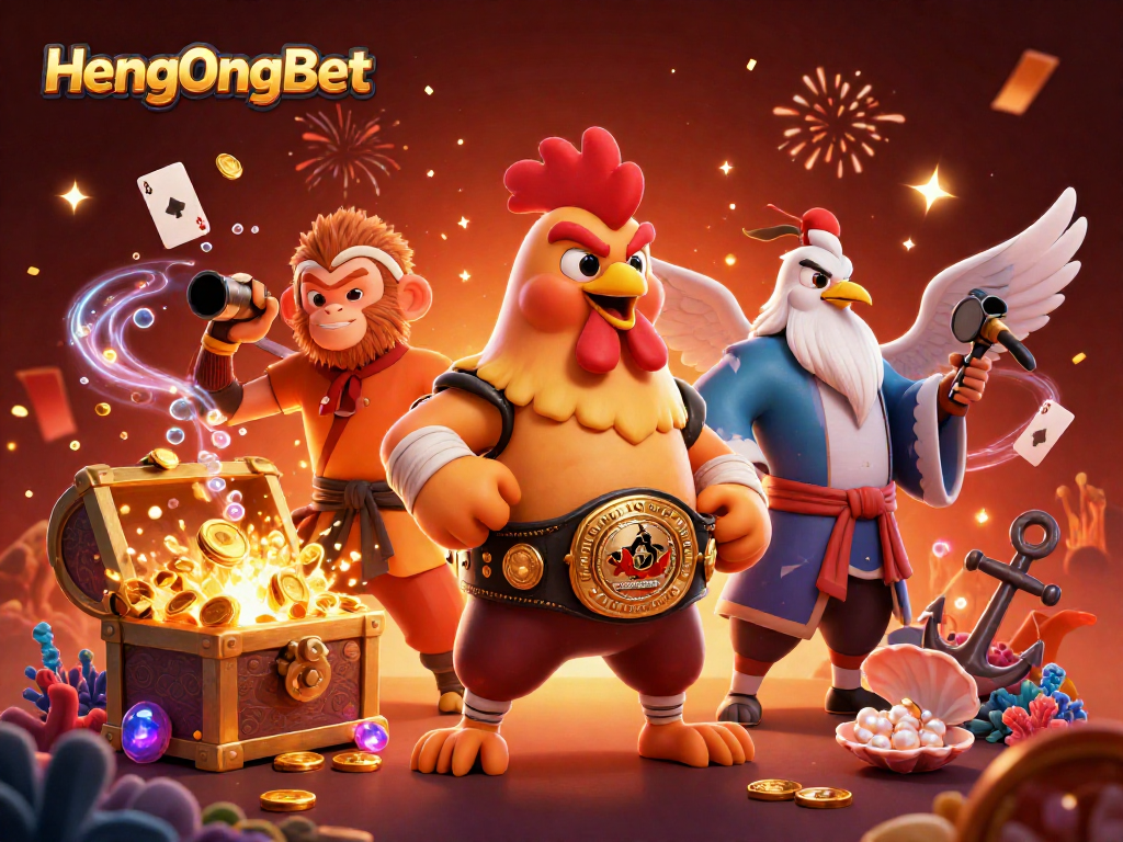 HengOngBet features an intense 3D casino scene with a rooster and monkey beside a treasure chest.