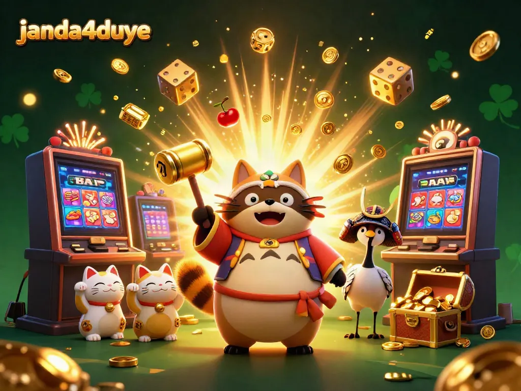 Permainan slot dan jackpot seru di JANDA4D dengan karakter imut dan suasana meriah.