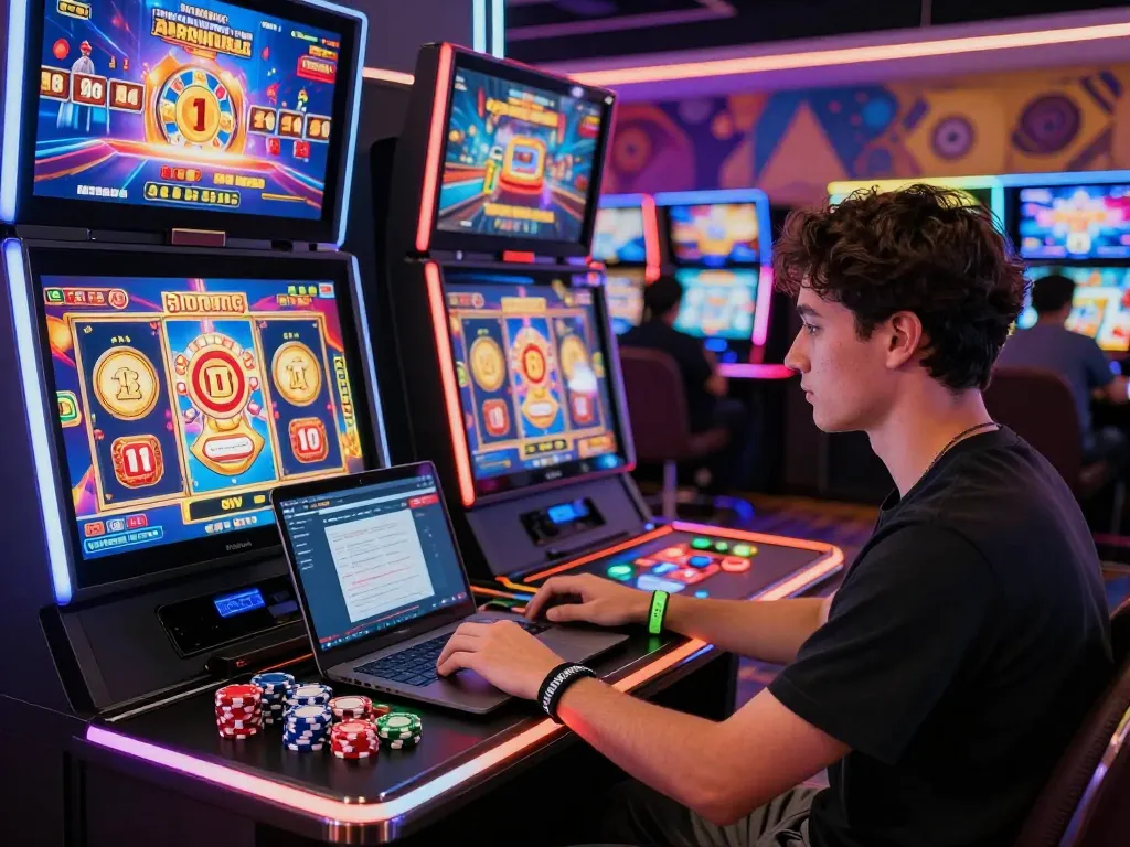 Suasana perjudian online yang menarik dengan slot gacor hari ini, suasana kasino yang cerah, dan elemen permainan yang berwarna-warni.