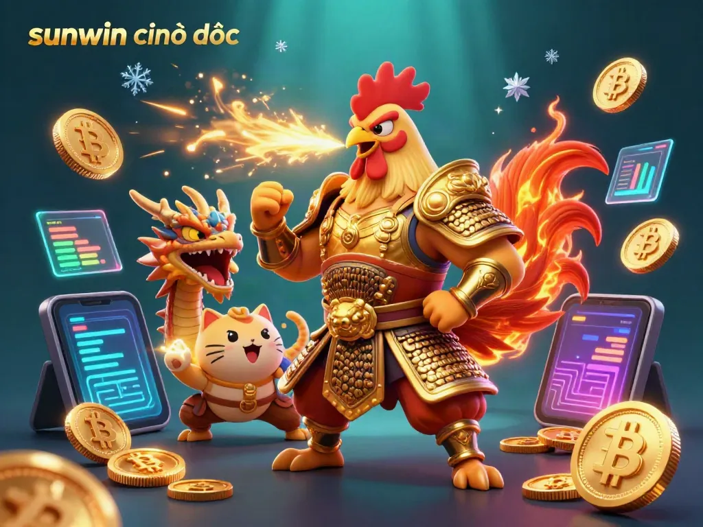 Experience the vibrant energy of sunwin chính thức, featuring a cartoon rooster warrior among gold coins in a lively casino.