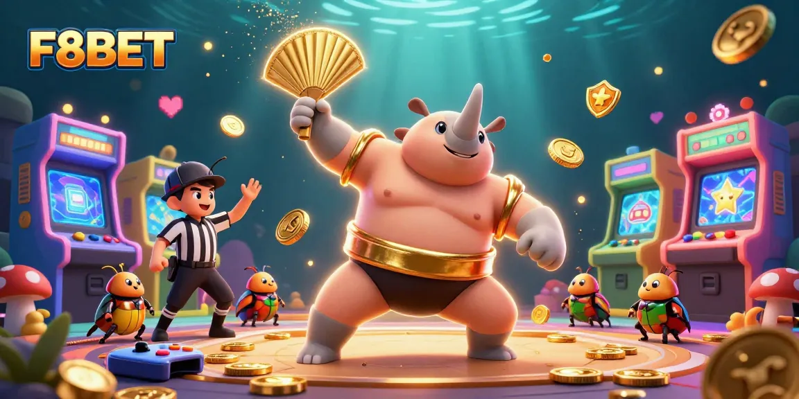 Experience the thrilling F8BET betting action with a dynamic casino illustration featuring vibrant game elements and characters.