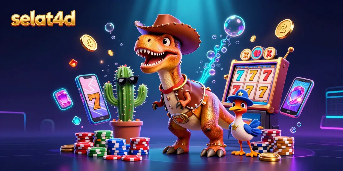 Experience thrilling moments with selat4d in a vibrant casino scene featuring a T-Rex cowboy and dynamic game elements.