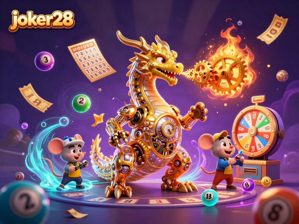 Menangkan jackpot di joker28 dengan naga emas mekanik dan bola lotere berwarna-warni.