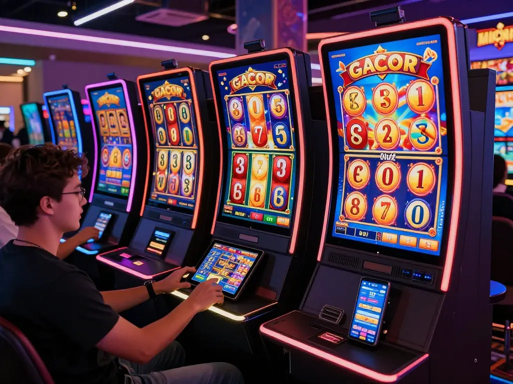 Skema permainan dinamis yang menampilkan slot gacor, grafik imersif, dan para pemain antusias di kasino online.