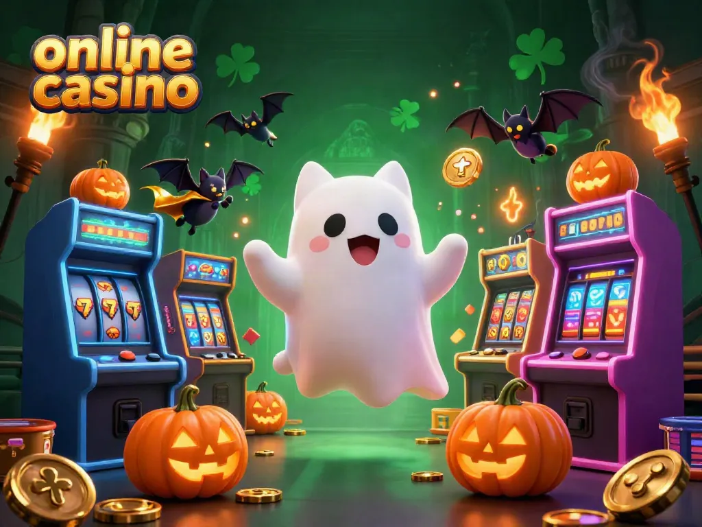 Explore vibrant scenes at an online casino with a friendly ghost cat and gaming elements, captivating fun!