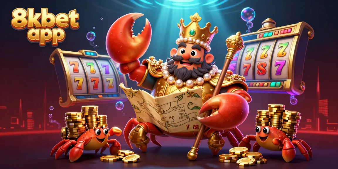 Engage with 8xbet app as you enjoy a vibrant 3D casino scene featuring a golden crab emperor and slot reels.