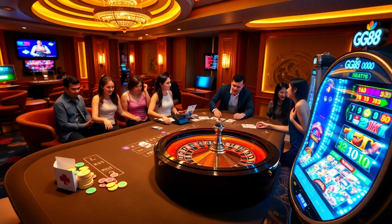 Experience the thrilling atmosphere of gambling at GG88 with poker chips and vibrant casino graphics.