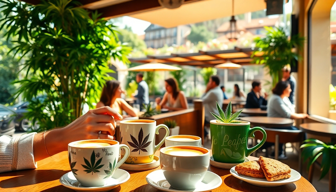 Cannabis Coffee Shop lloret de mar showcasing friends enjoying cannabis-infused coffee amidst a vibrant café setting.