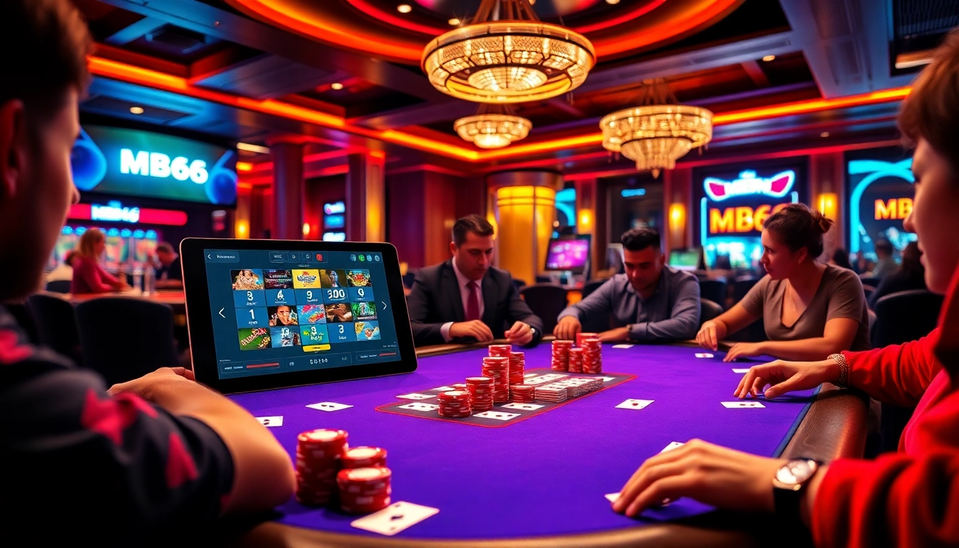 Engaging poker players at the MB66 casino table, capturing the thrill of gambling.