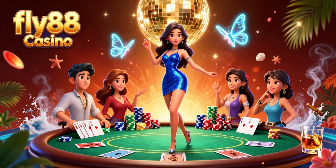 Experience the excitement of fly88 Casino with vibrant dance amidst poker action and glowing neon elements.