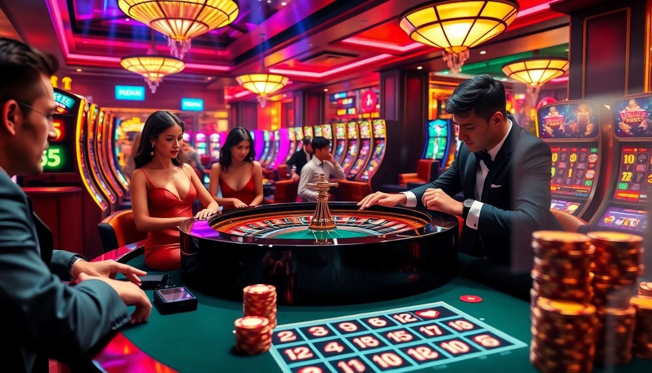 Engaged players at a luxurious casino showcasing 98 win experiences amidst vibrant slot machines.