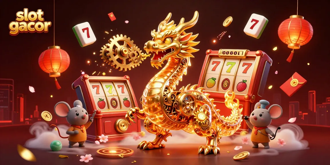 Bermain slot gacor dengan keberuntungan jackpot, dikelilingi simbol hoki dan suasana kasino meriah.