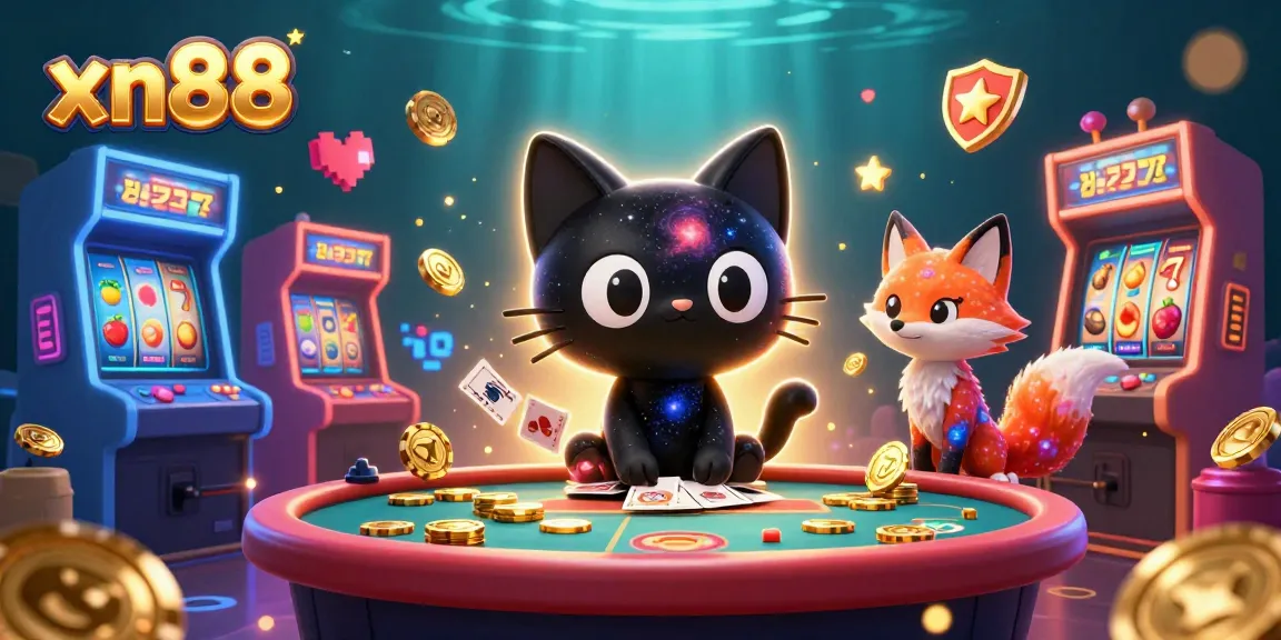 Win big with xn88 at the cosmic casino table, featuring a black hole cat and vibrant gaming elements.