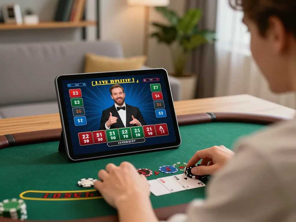 Engaging player enjoying 789bet online blackjack on tablet in a cozy home setting