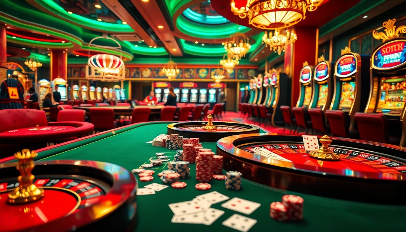 Excited gamblers enjoying high-stakes action at 99win cc casino, featuring vibrant tables and slots.