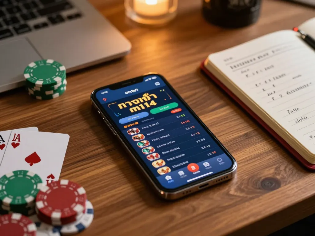 Engage in online gambling with ทางเข้า m114 displayed on a smartphone surrounded by poker chips and strategy notes.