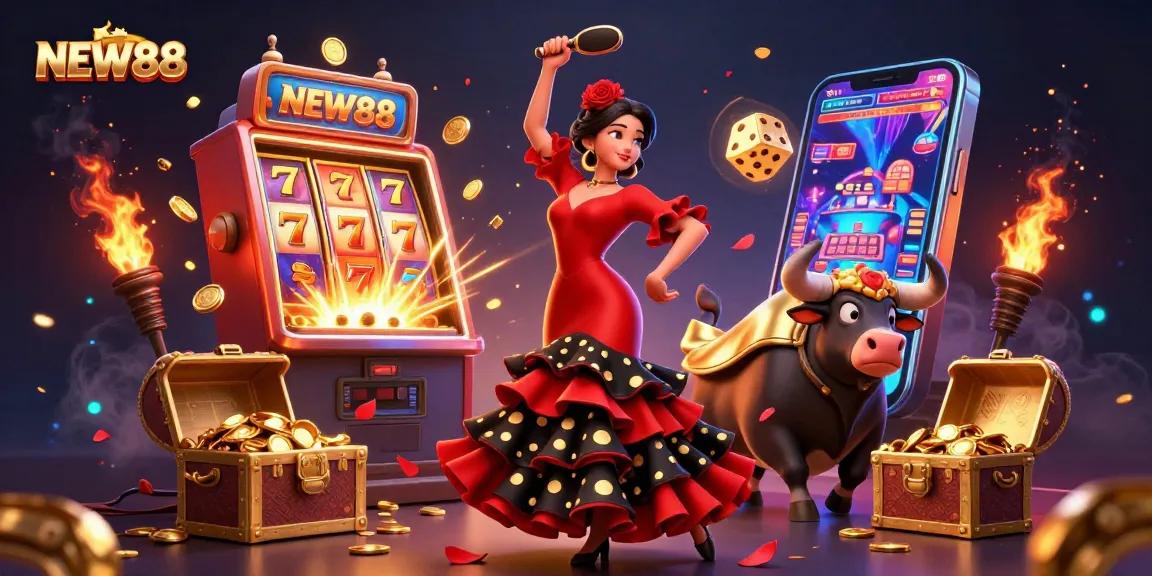 Experience the thrill of NEW88 with a vibrant 3D scene showcasing winning slots and celebratory casino elements.