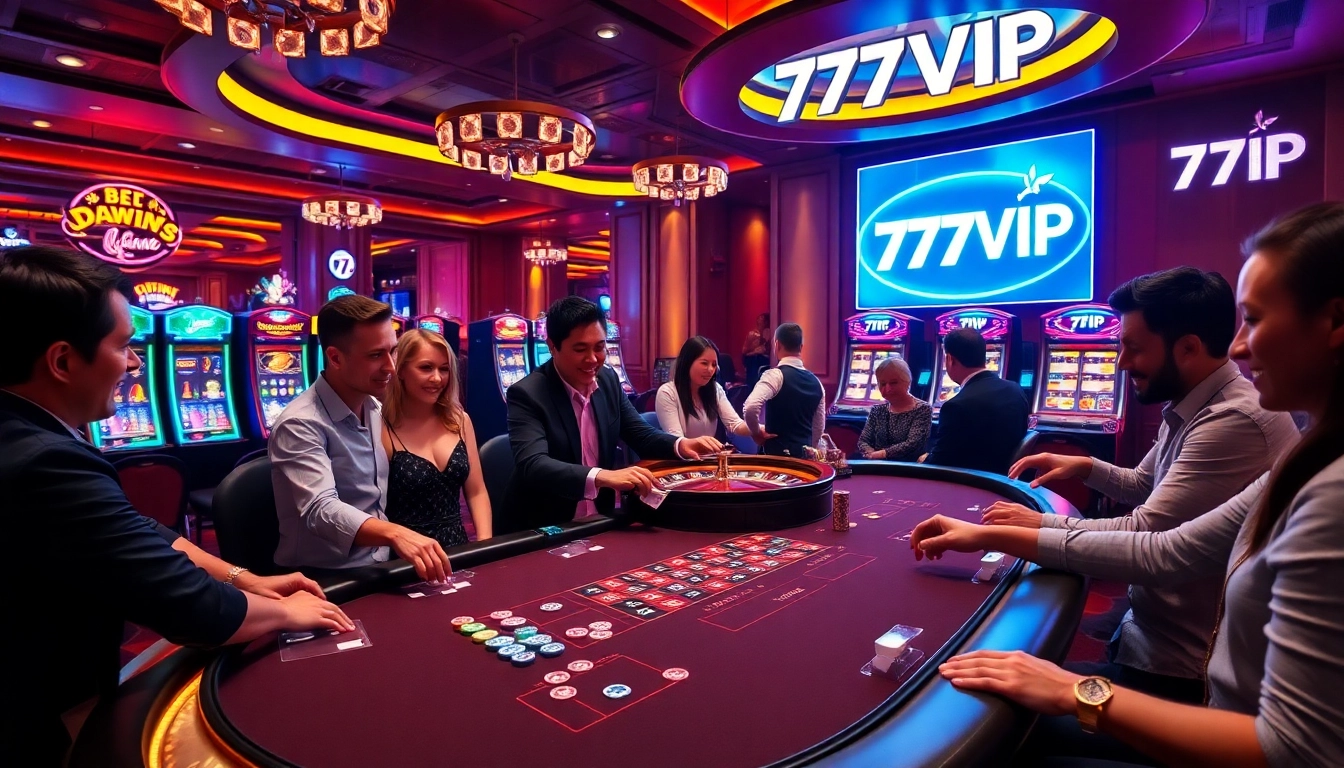 Excited players enjoying the thrill of casino gaming at 777vip with poker chips and roulette wheel.