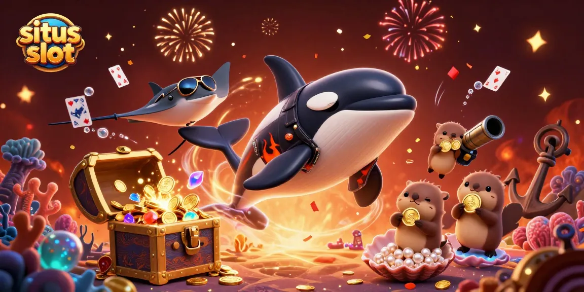 Mainkan situs slot dengan simbol keberuntungan di lautan bersama hewan laut yang membawa koin emas.