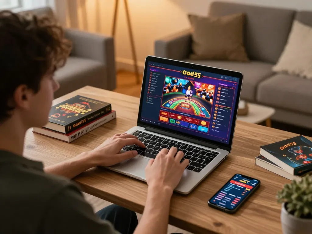 Engaging in god55 casino gameplay on a laptop, showcasing vibrant games and strategic elements.