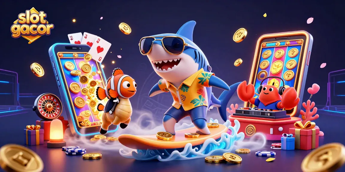 Slot gacor yang menarik dengan simbol permainan dan karakter lucu di latar belakang.