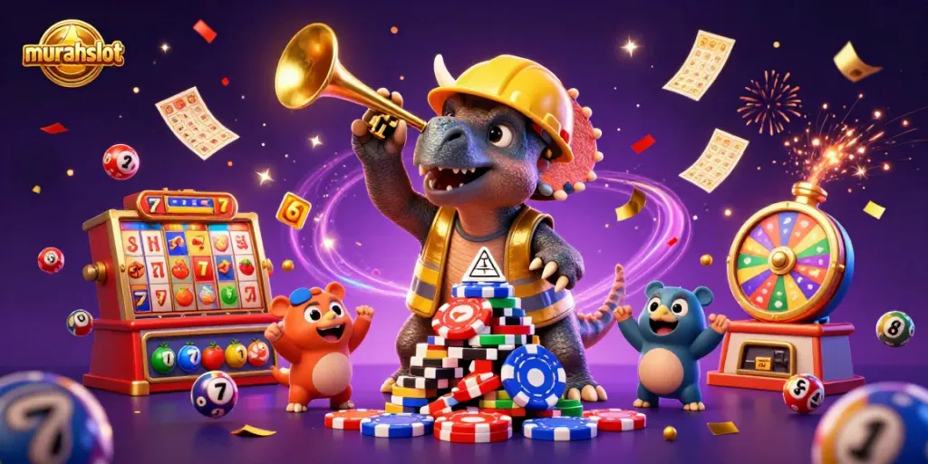 Merayakan kemenangan di murahslot dengan dinosaurus yang membangun piramida chip poker.