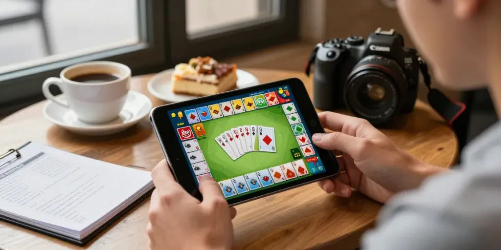 Engaging user playing Rumble Rummy on a mobile device at a café, capturing the excitement of skill-based gaming.