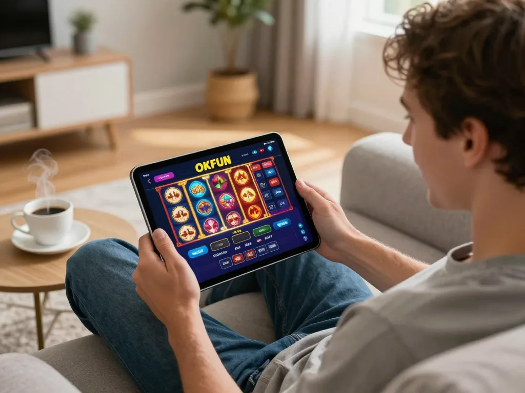 Engaging with the OKFUN app for online gaming in a cozy living room