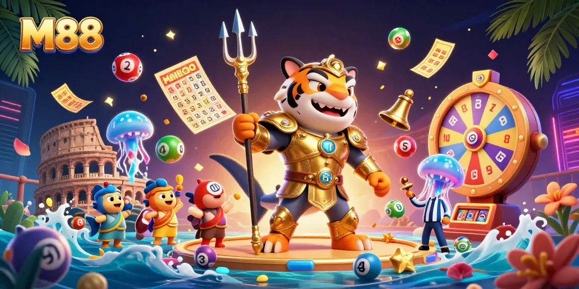 Experience the excitement of M88 with a dynamic underwater colosseum featuring a gladiator shark.