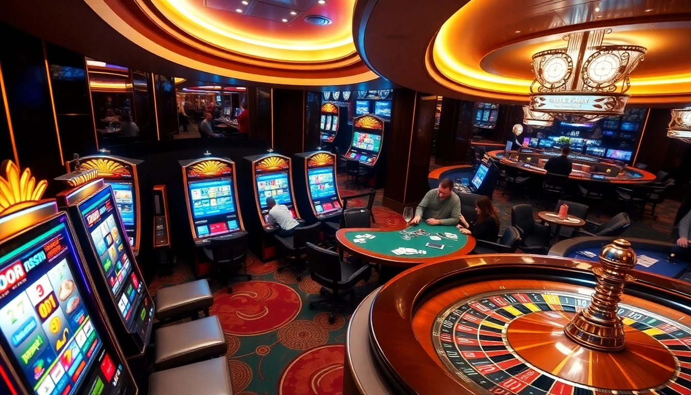 Gamblers enjoying the vibrant slot machines and poker tables at bro138 casino.