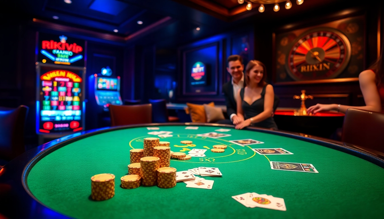 Experience the excitement of rikvip at a luxurious casino blackjack table with vibrant chips.