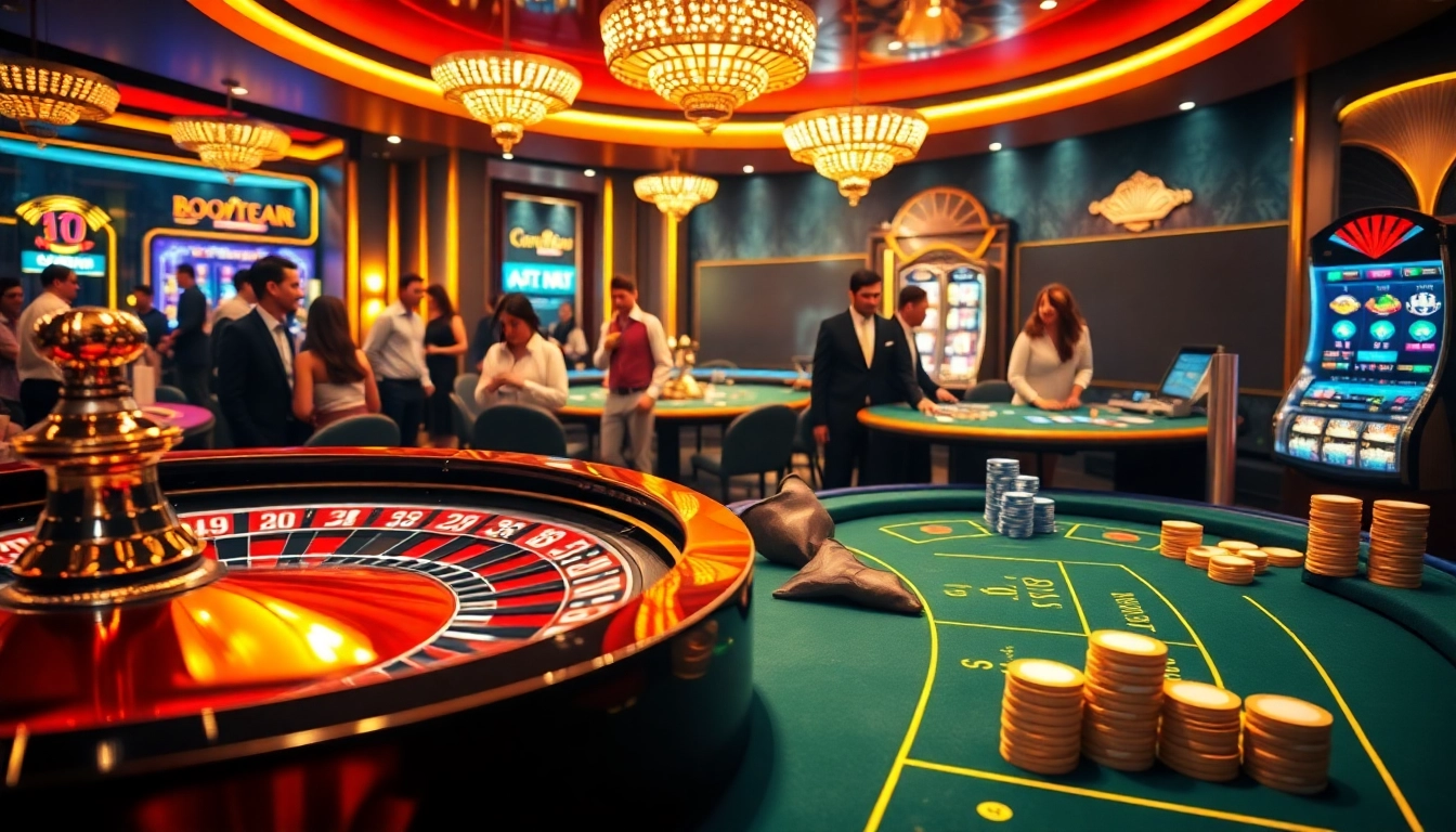 Engaging scene of casino excitement featuring 'boosterjp' with roulette, blackjack, and slot machines