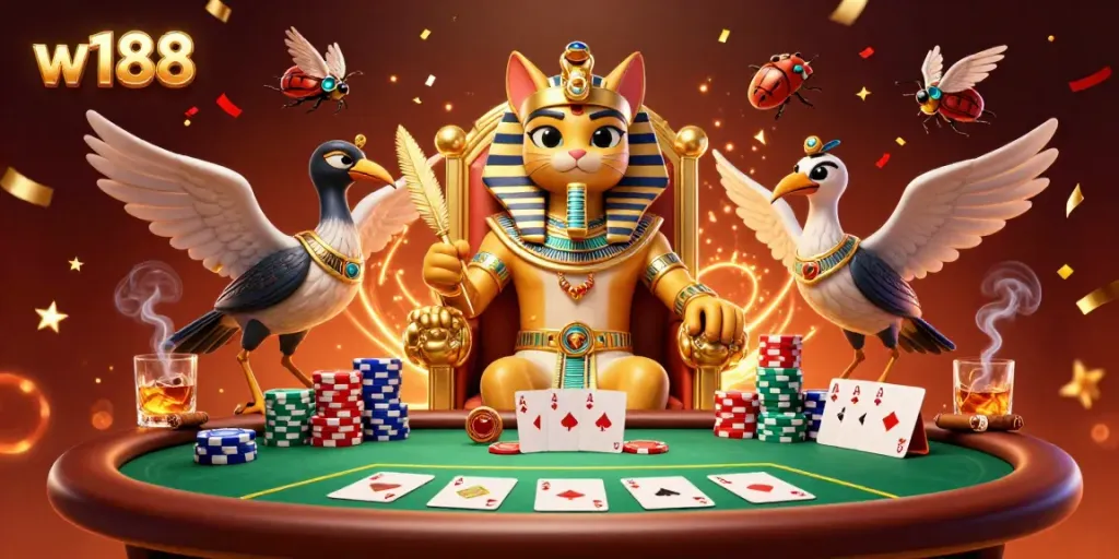 Experience w188 with a vibrant pharaoh-themed casino scene featuring poker elements and festive effects.