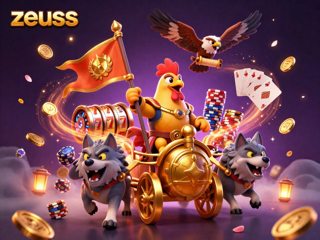 Engage with zeus in a vibrant slot scene featuring a rooster warlord and dynamic casino elements.